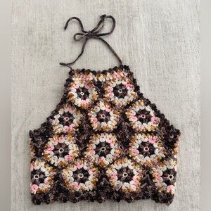 SEA Crochet Halter Top - Brown, Cream & Pink Floral Motif